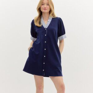 NWT Entro Navy Puff Sleeve Mini Dress with Striped Contrast Cuffs & Ruffle Neck